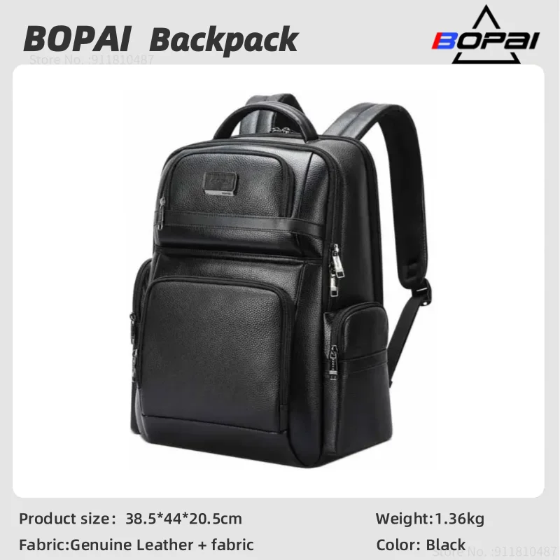 BOPAI Men's Leather Backpack Business 16 inch Laptop Bags  Multi- functional Large Capacity Shoulder Bag USB Charging Backpack