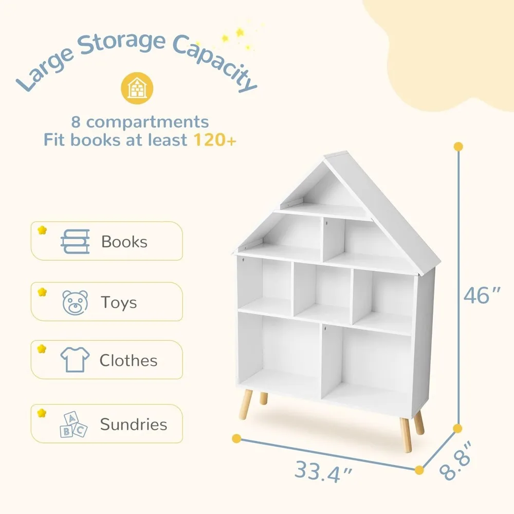 Kids Dollhouse Bookshelf and Baby Storage - Wooden Stand Dollhouse Bookcase with 4-Tier Storage Display Organizer, Children Book 2