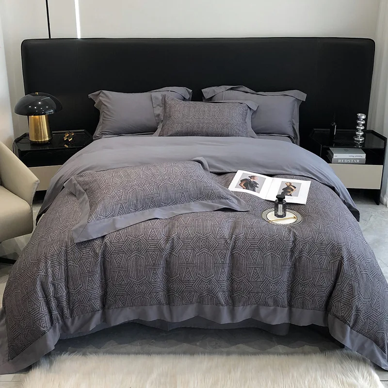 

2023 длинные степлерные хлопковые вышитые однотонные четырехсекционные постельные принадлежности для дома всесезонные универсальные роскошные постельные принадлежности темно-серого цвета