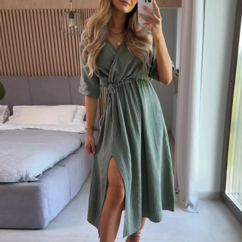 

Summer Casual V Neck Drawstring Waist Long Dress Women Loose Short Sleeved Split Beach Dress Office Elegant Solid Midi Dresses