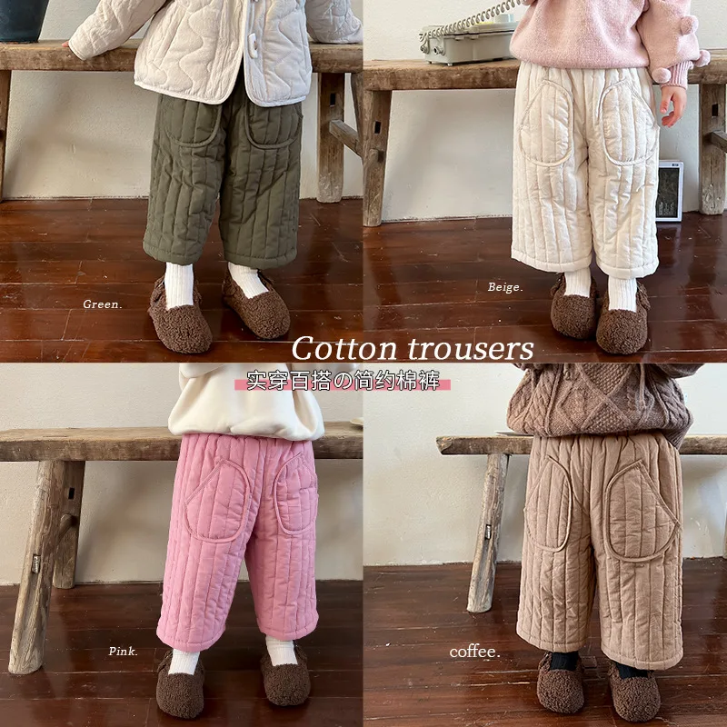 

2023 New Girls' Pants, Children's Cotton Pants with Thickened Cotton Clip for Warmth, Boys' Casual Pants, Baby Winter Wear