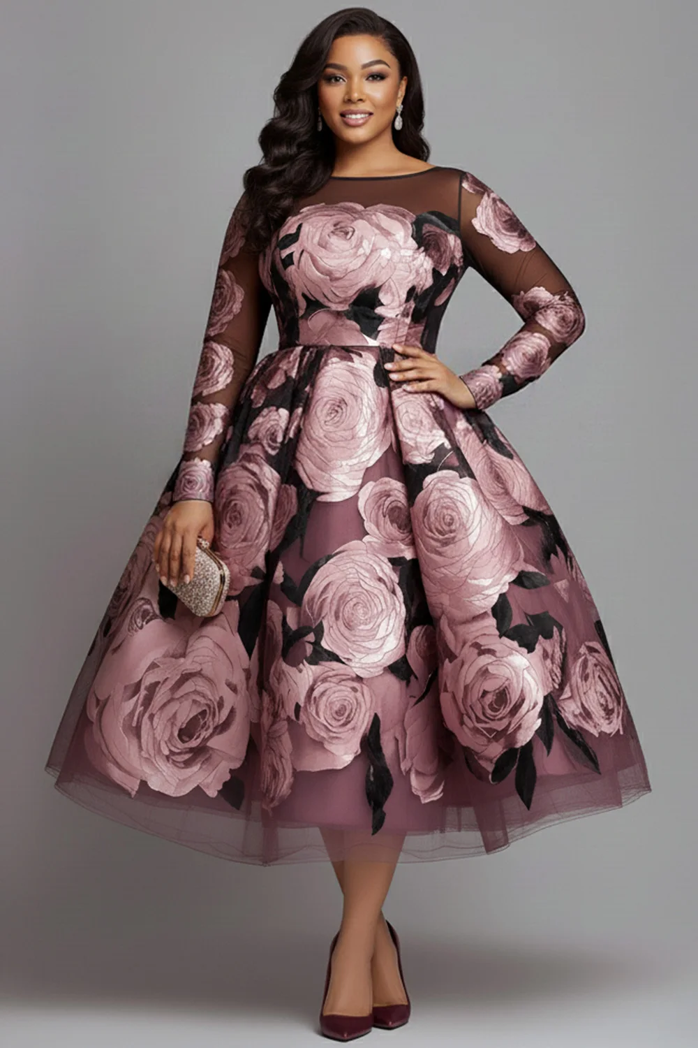 Plus Size Wedding Guest Pink Floral Boat Neck Long Sleeve See Through Elegant Midi Dresses