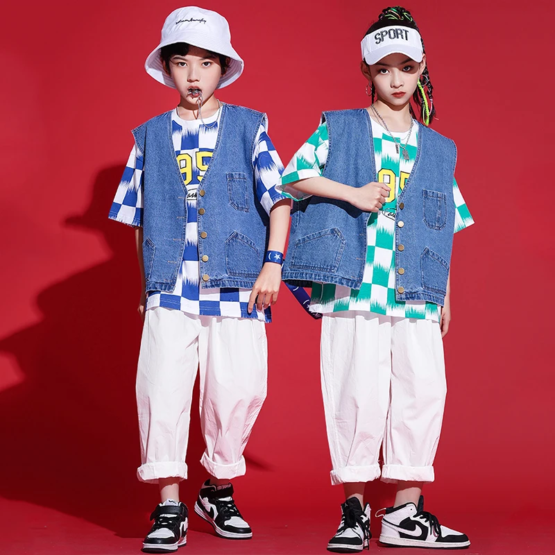 

2022 New Kids Denim Vest Loose Hip Hop Clothes Girls Tops Casual White Pants Boys Jazz Drum Performance Stage Outfit BL8384