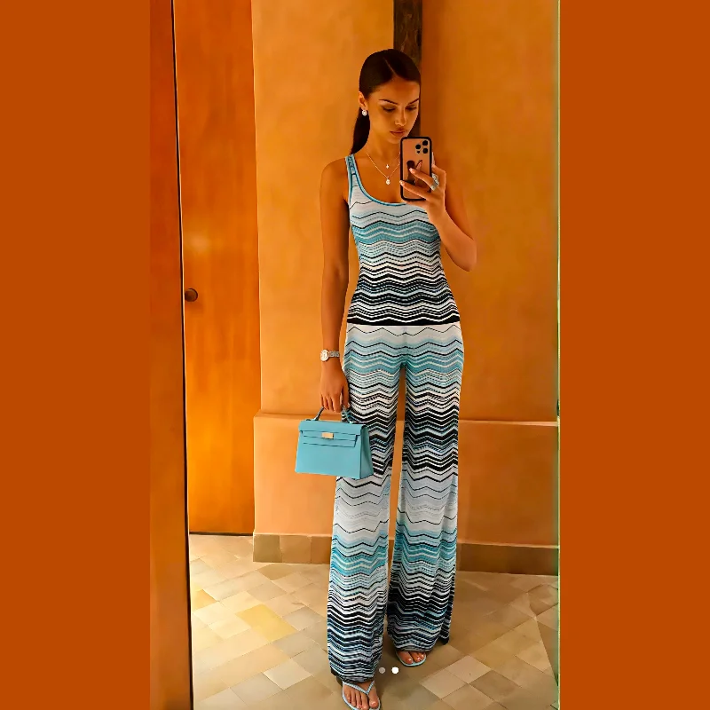 Ensemble deux pièces en tricot bleu à chevrons, haut sans manches et pantalon large, tenue de plage estivale pour femmes 1