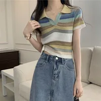 Ice Silk Knitted T-shirts Sexy Crop Top Pretty Short Sleeve Striped Women's Polo Korean Popular Clothes Casual Lapel Female Tee - Image 4