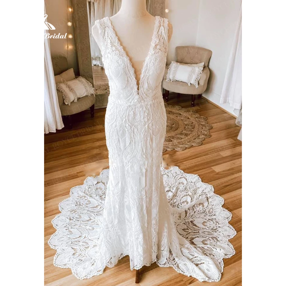 

Boho Mermaid Wedding Dresses 2023 Deep V Neck Beach Lace Bridal Wedding Gowns Elegant Bohemian Bridal Dress Vestido De Novia