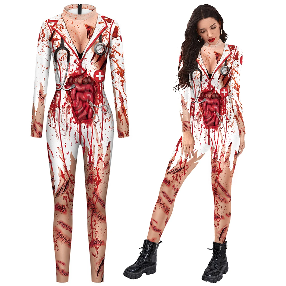 

Horror Nurse Cosplay Slim Jumpsuit For Women Girl Bloody Suture Wound Skin 3D Print Bodysuit Zentai Party Halloween Costume