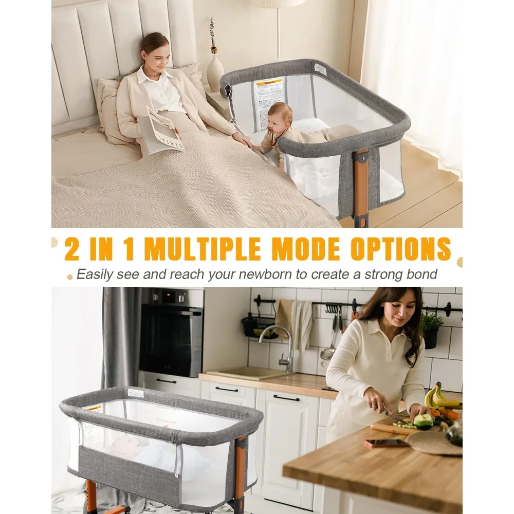 Baby Bassinet Bedside Bassinet, Baby Cradle with Machine-Washable Sheets, Four-Sided Breathable Mesh, 6 Height Adjustable 2