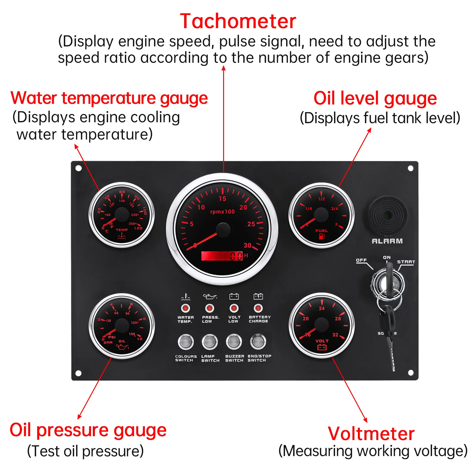 5 Gauge Set Switch Panel 12V 24V 4 Button Panel Light Toggle Gauge For Car Marine Boat 4K-8K Tachometer Water Temp Fuel Level