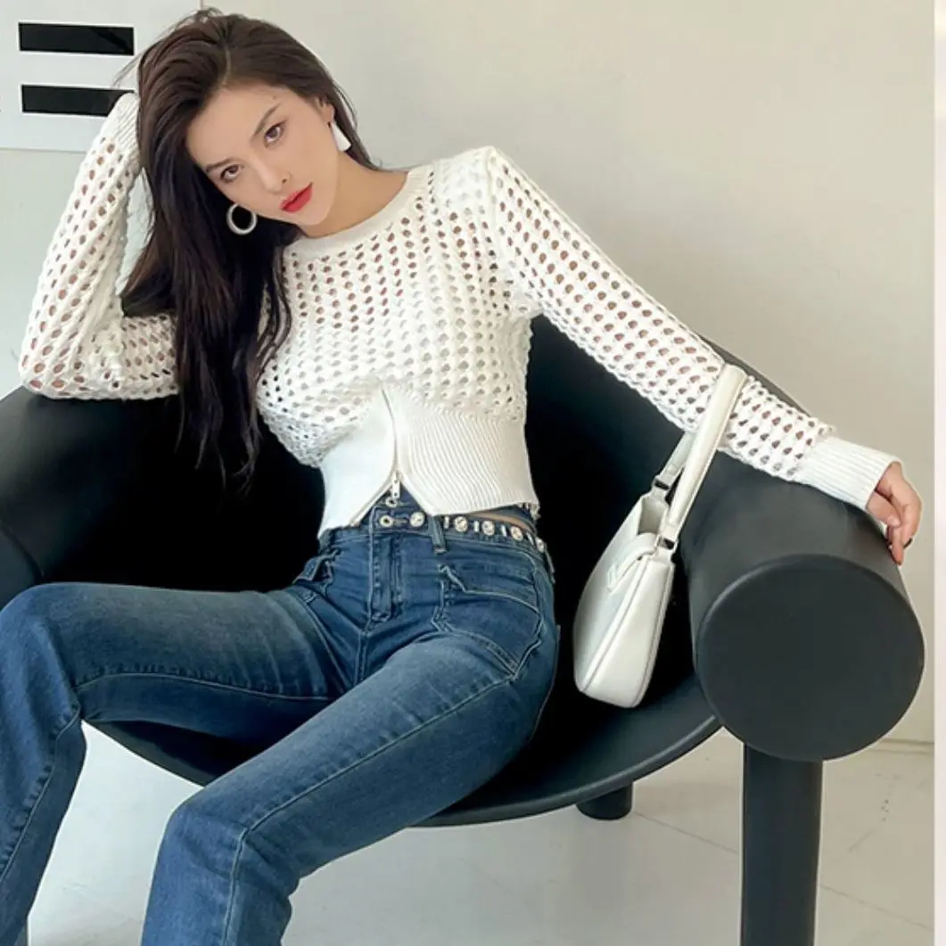 

Ladies Fashion Mesh Hollowed Out See-through Pullover Sweater Women Clothes Girls Casual Sweaters Female Clothing BVA1158