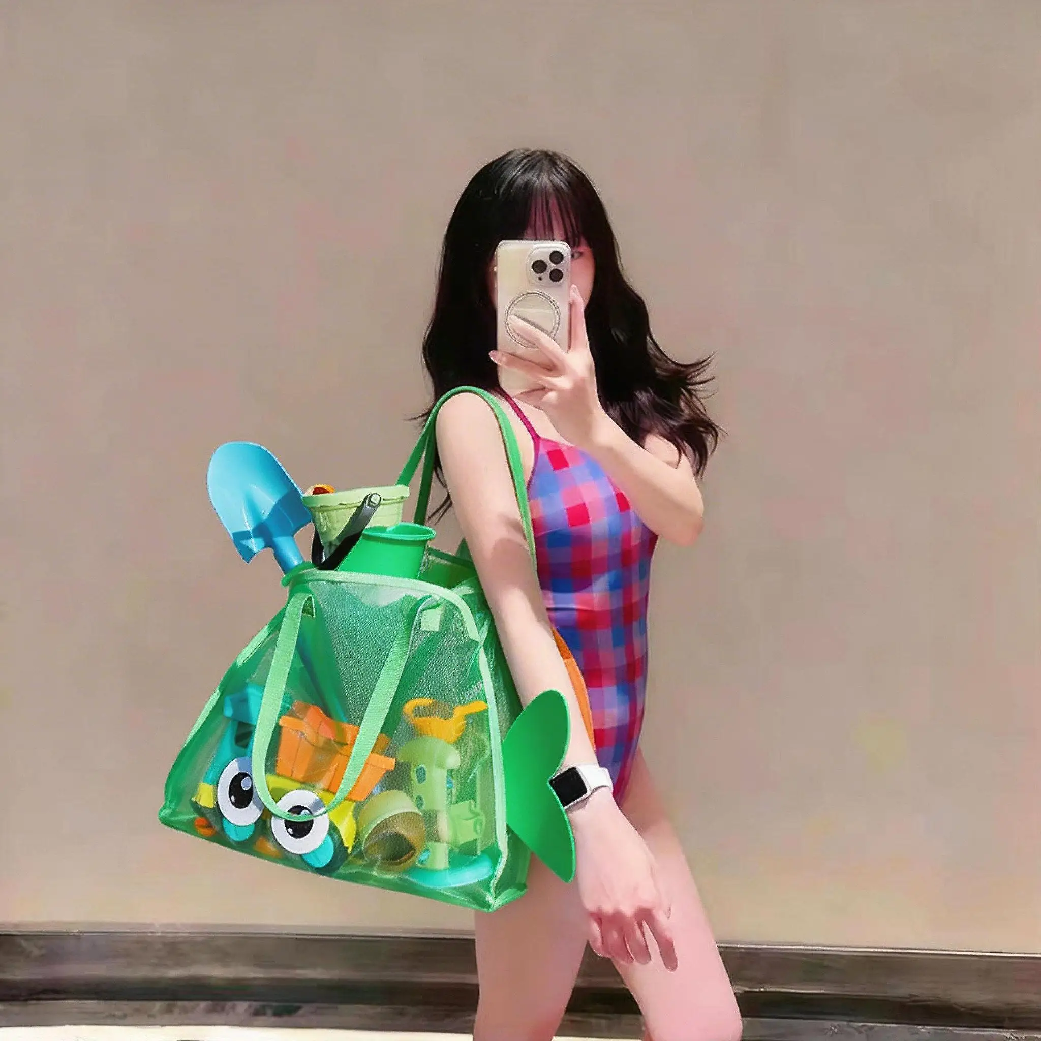 대용량 수영 가방 습식 및 건식 분리 메쉬 귀여운 작은 물고기 반투명 수영복 비치 백 핸드헬드 크로스바디 백