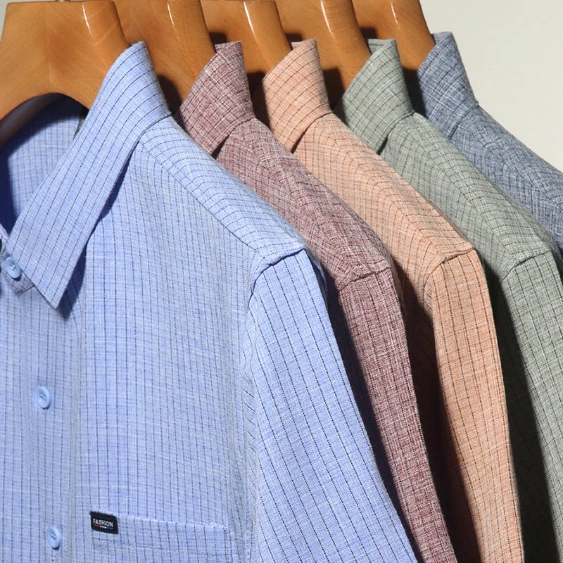 2024 Men's Business Casual Plaid Cotton Linen Short Sleeved Shirt Comfortable Cotton Top 6