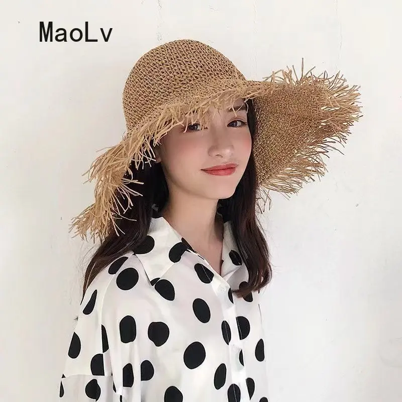 

Large Brim Beach Straw Cap Women Korean Fashion Long Tassels Panama Chapeau Femme Summer Travel Sun Protection Visor Bucket Hat