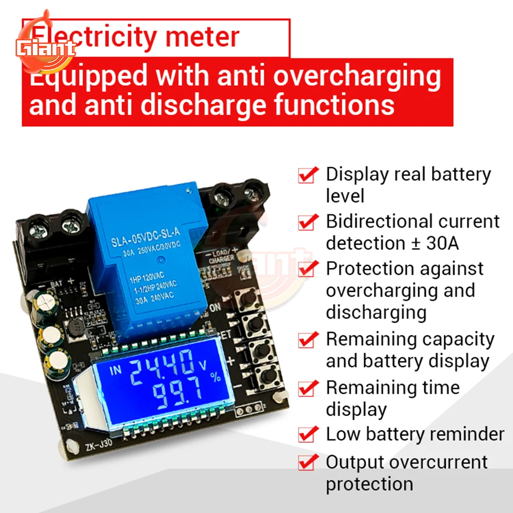 

DC6-60V 30A Battery Charging Control Module Digital Voltmeter Battery level Indicator Battery Capacity Tester Protection Board