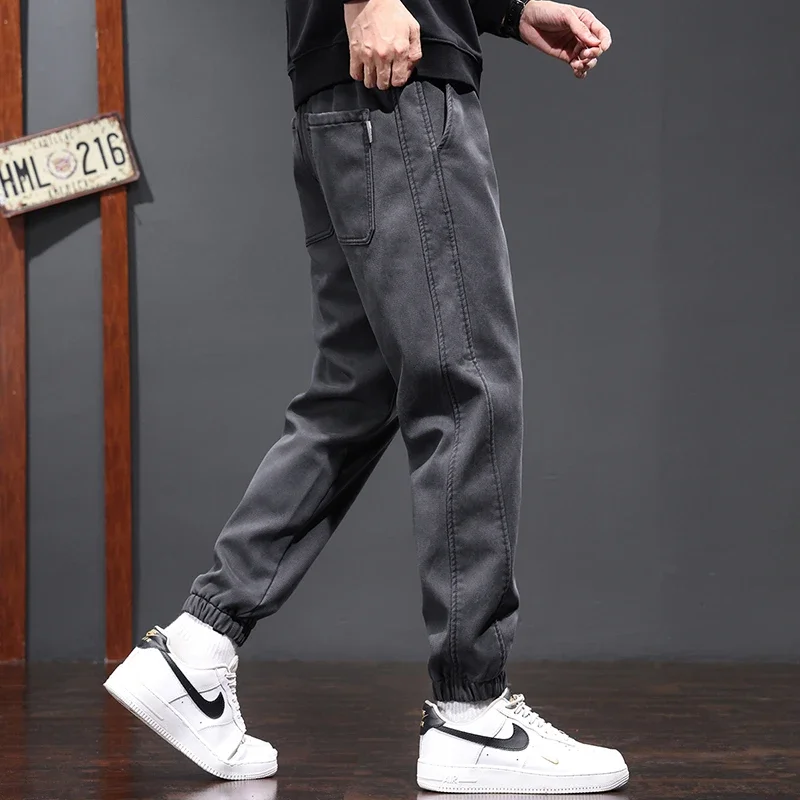 Men's Lyocell Elasticity Cargo Pants Baggy Bound Feet Sweatpants Drawstring Joggers Youth Streetwear Trousers Male Clothes 2