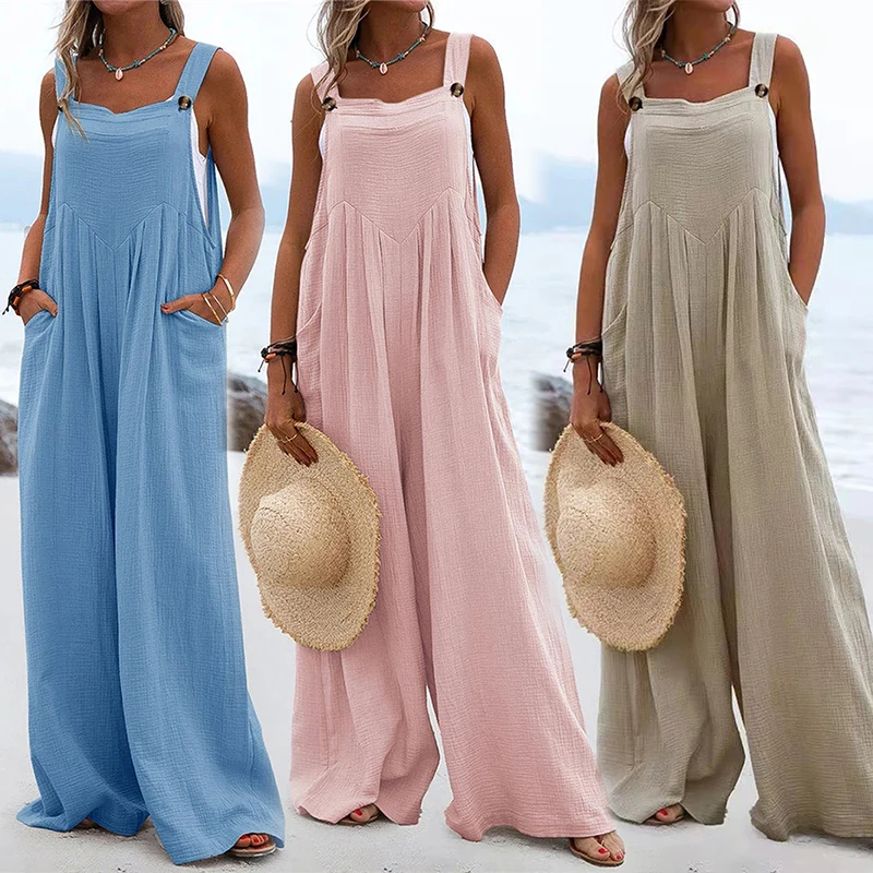 

Women Sleeveless Jumpsuits Summer Vintage Solid Large Pocket Loose Wide Leg Rompers Female Casual One Piece Outfit Clothes