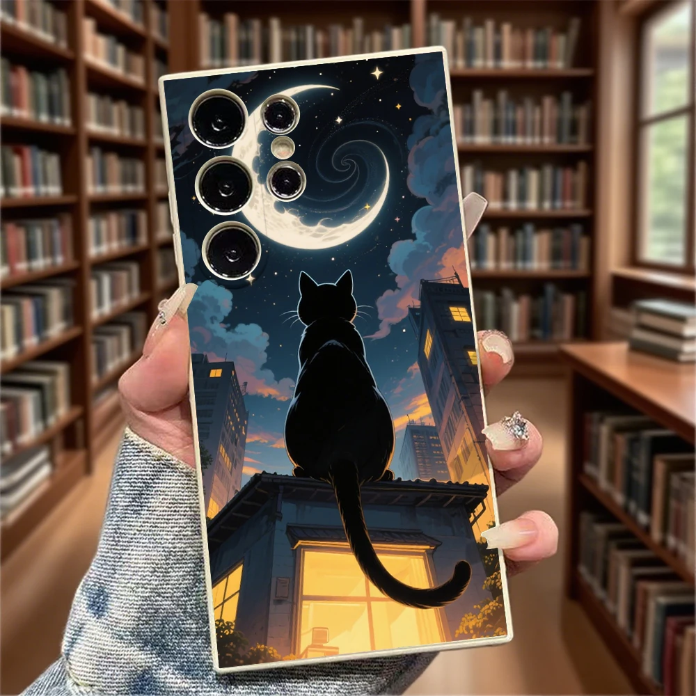 Elegant Black Cat and Moon TPU Slim Fit Shockproof Phone Case