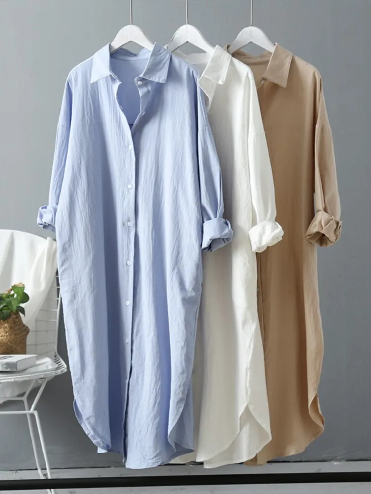 

Women Shirt Dress Cotton Linen Full Sleeve Casual Loose Spring Clothing Solid Color Button Up Calf-Length Dress