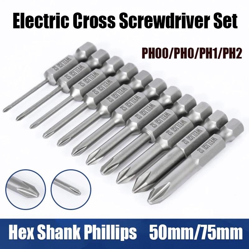 

50mm 75mm Electric Cross Screwdriver Set PH00 PH0 PH1 PH2 Screw Driver Bits Hex Shank Phillips Magnetic Batch Head Drill Bits