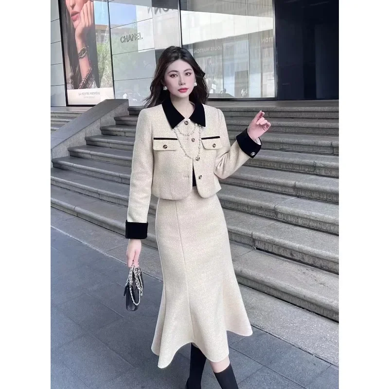 

UNXX Women Autumn/Winter Small Aroma Short Lapel Tweed Blazer Fishtail Skirt Set Vintage Contrast Tweed Suit Skirt Two-Piece Set