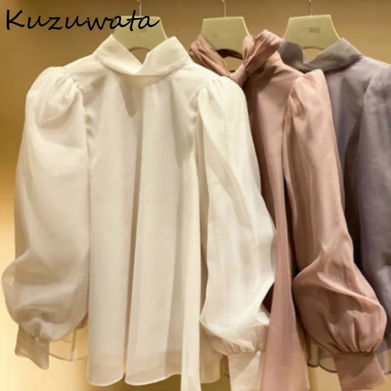 kuzuwata Autumn Japan Style New All-match Women Blouse Sweet Stand Collar Puff Sleeve Chiffon Shirt Chic Bow Drawstring Blusas | Женская
