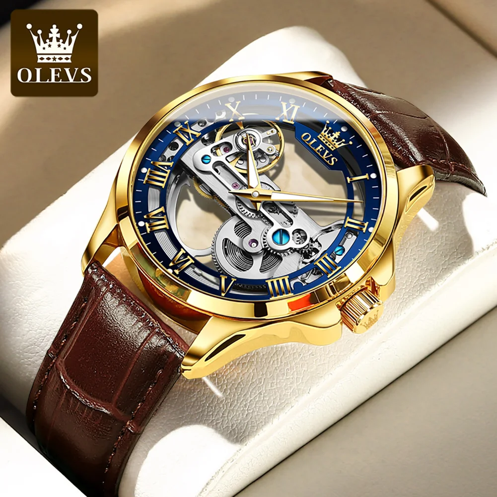 Orologio Meccanico Automatico OLEVS Uomo A Scheletro - Pelle Nera, Cassa Argento/bianco - Impermeabile E Luminoso