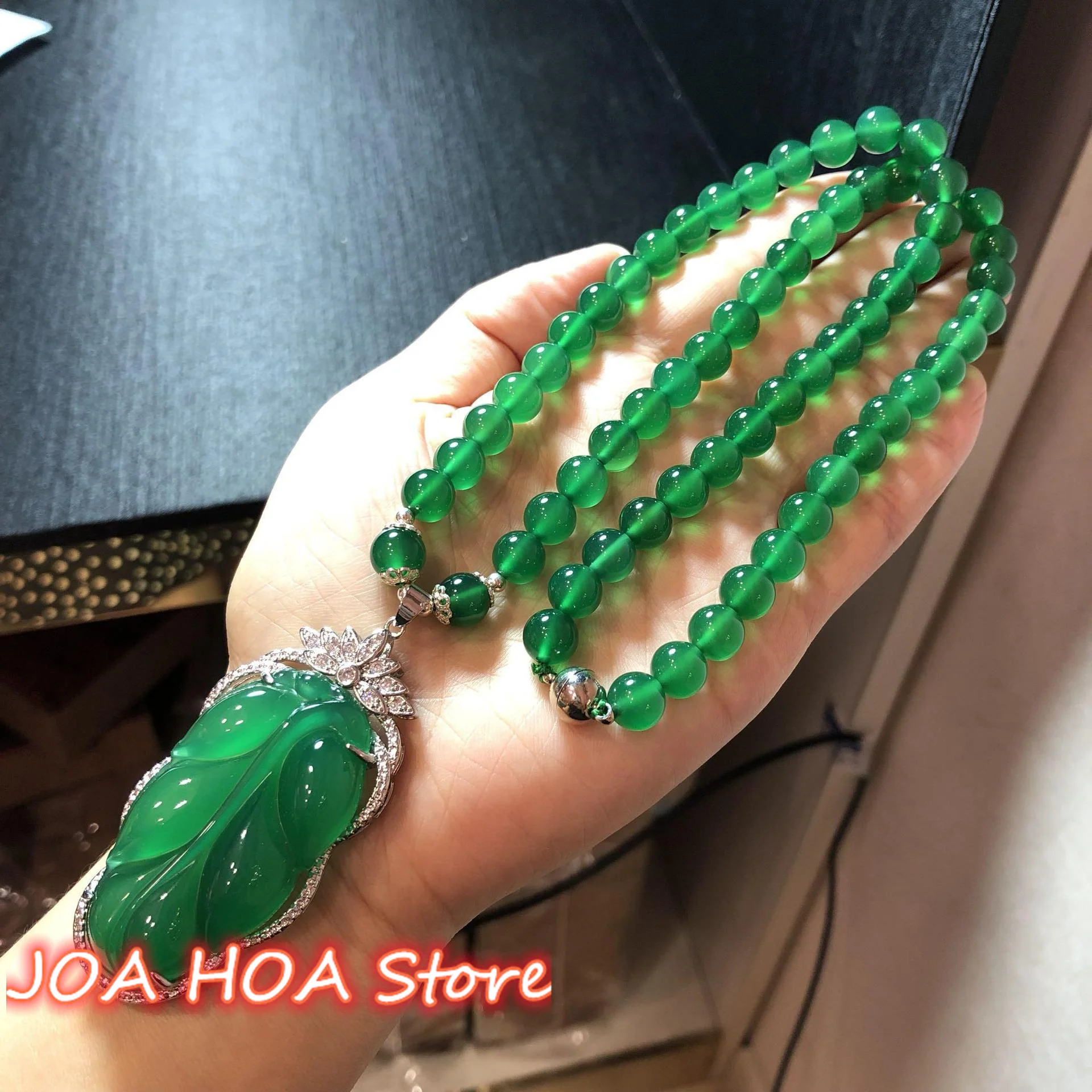 

Pure Natural High Ice Emperor Green Chalcedony Leaf Jade Pendant 925 Silver Inlaid With Emerald Necklace Bead Chain Fine Jewelry