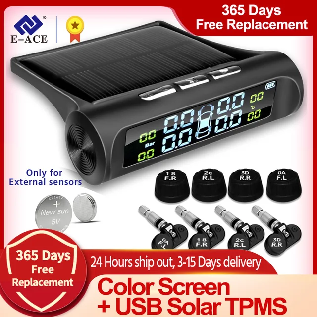 E-ACE Solar Power TPMS Car Tire Pressure Alarm Monitor System Auto Security Alarm Systems Tyre Pressure Temperature Warning 1