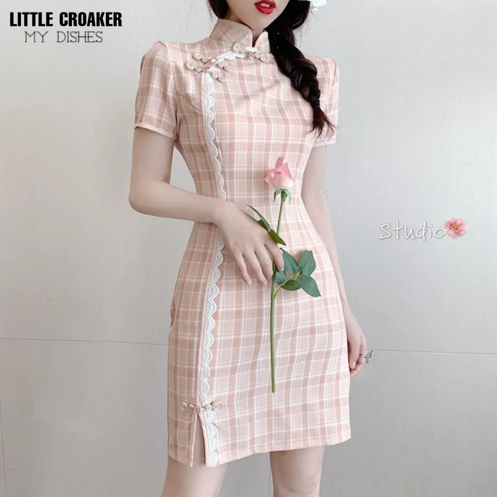 Women Qiaoniangyu Summer New Chinese Style Girl Art Checkered Qipao Cheongsam Youth Cute Sweet Improved Version Dress