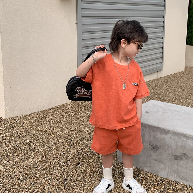 

Children's Suit Boys 2022 Summer New Waffle Short-sleeved T-shirt + Shorts Two-piece Set Boy Clothes Set
