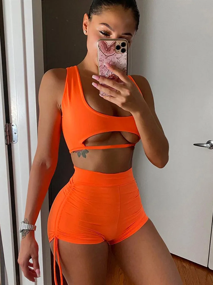 coord sets women hirigin Women Workout 2 Pieces Outfits Solid Color Sleeveless Tank Crop Tops High Waist Drawstring Running Shorts Yoga Outfits pj sets Women's Sets