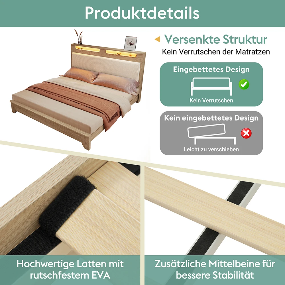 KOMHTOM Holzbett, Kopfteil mit Stauraum, LED-Beleuchtung und beigefarbener Cordpolster-Rückenlehne (Ohne Matratze) – Detail 6