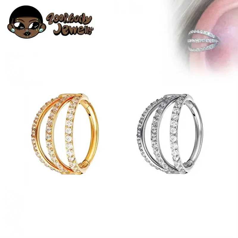 

G23 Titanium Hinged Segment Nose Ring Three Layers CZ Septum Clicker Daith Earrings Ear Cartilage Tragus Helix Piercing Jewelry