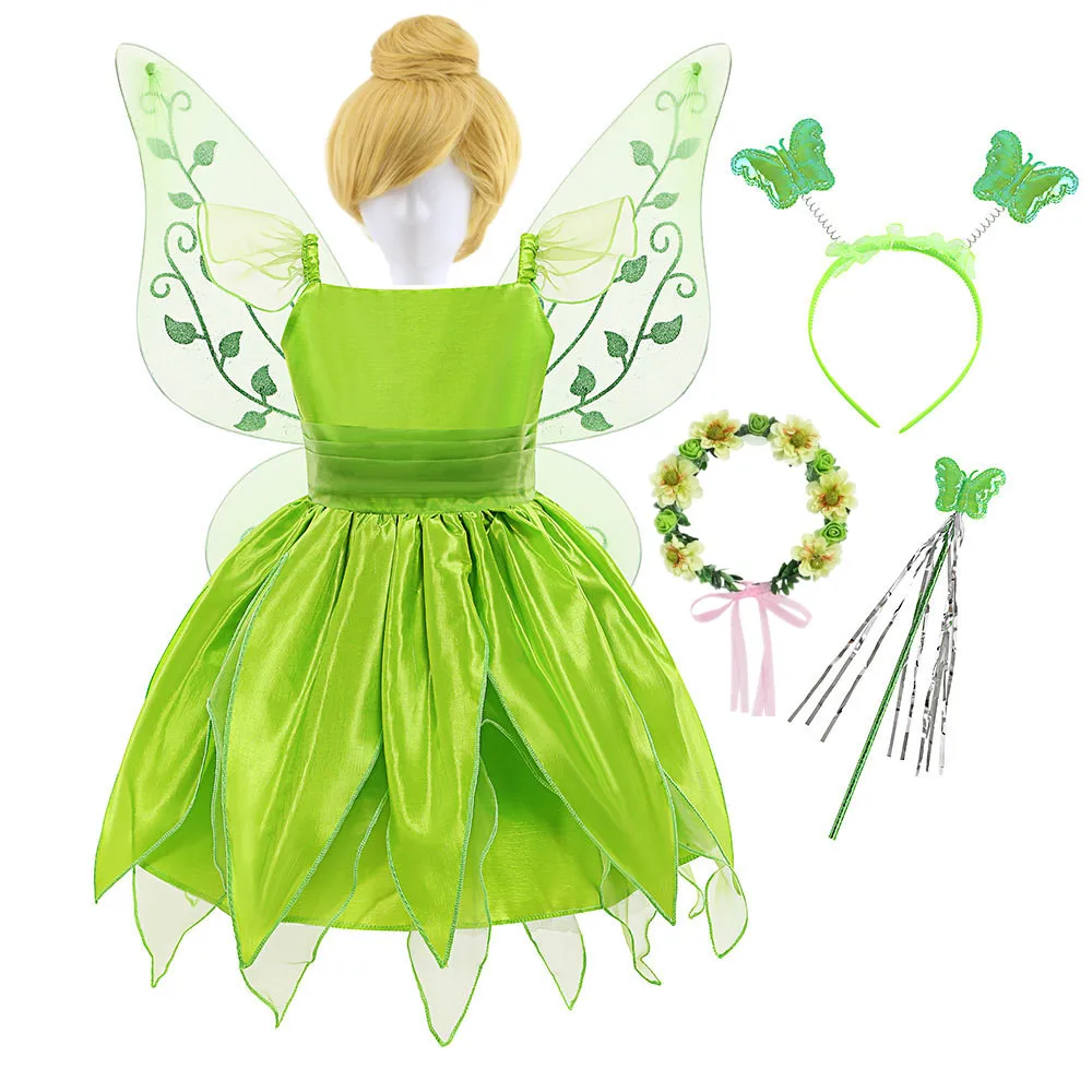 Christmas Tinkerbell Princess Dress For Girls Green Flower Fairy Elves Kids Cosplay Ball Gown Halloween Fancy Dress Up Costumes