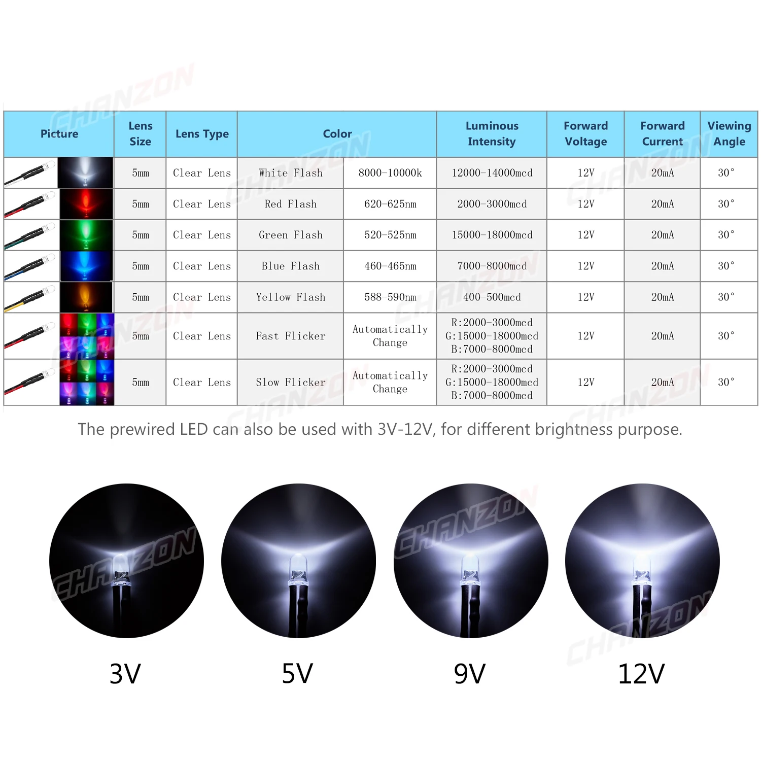 20Pcs 5mm LED 다이오드 12V 흰색 빨간색 녹색 파란색 노란색 RGB 빠른 느린 플래시 깜박임 미리 배선 된 5 9 12 V 발광 표시 등