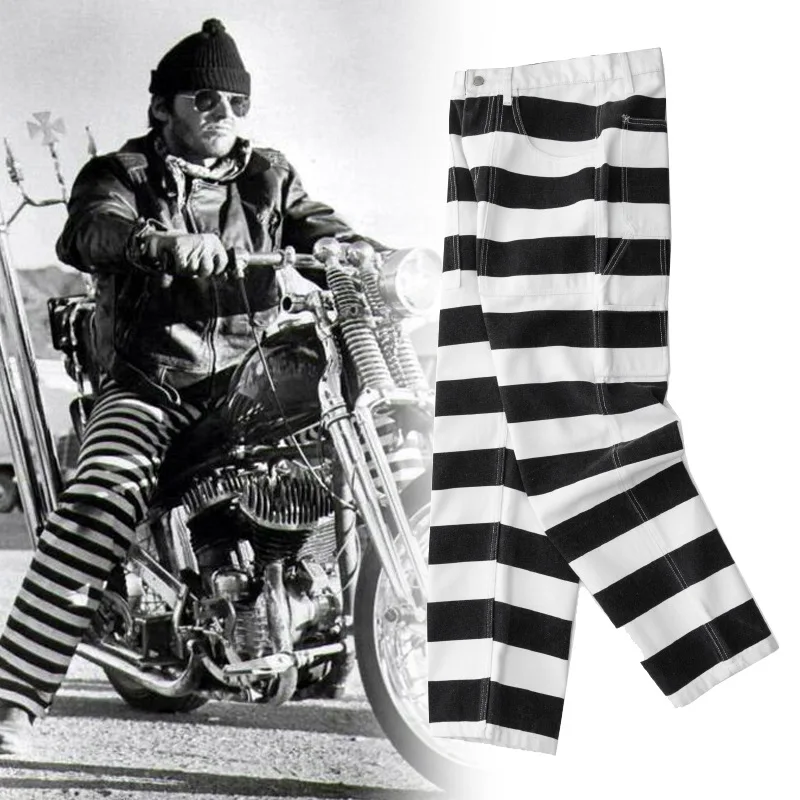 Casual Pants Hiking Pants OKONKWO Heavy Duty Striped Work Longs Thick Canvas Rock Motorcycle Trousers Outdoor Camping Prison Uniform Knight Pants 16oz