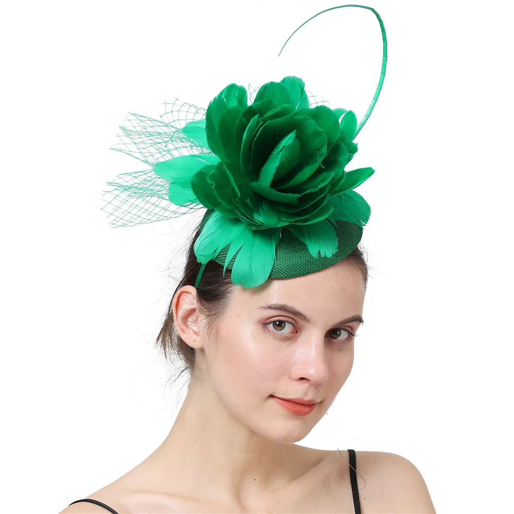 

Green Imitation Linen Cocktail Event Fascinator Hat Derby Millinery Hair Accessories Elegant Women Nice Feather Flower Headband