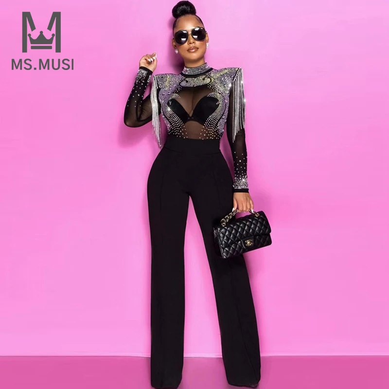 

MSMUSI 2023 New Fashion Women Sexy Two Piece Set Bodycon Party Lace Crystal Sequins Long Sleeve Top Bodysuit Long Pant Set Suit