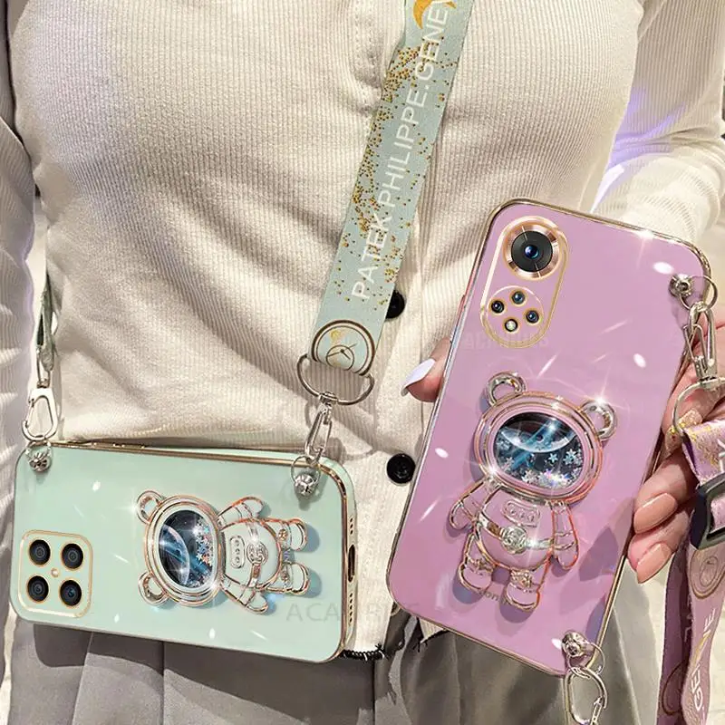 Crossbody Lanyard Plating Silicone Phone Case with Holder