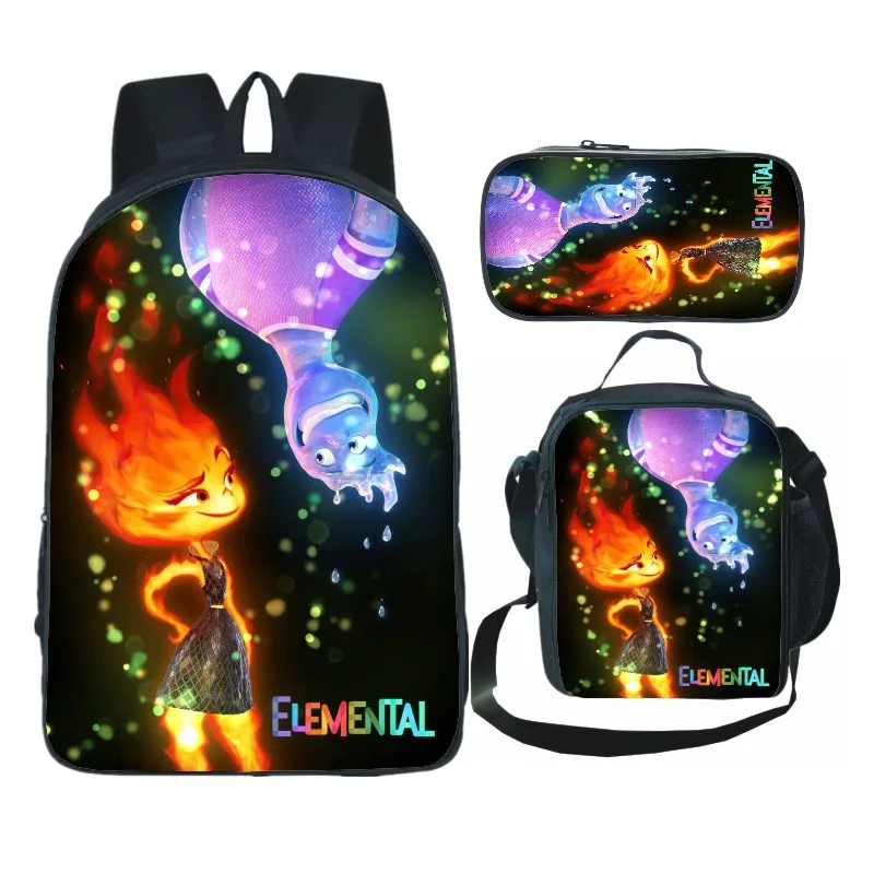 3D Pritned Anime Elemental Backpack Lunch Bag Primary Middle School Students Boys Girls Cartoon School Bag Lunch Box Pencil Case