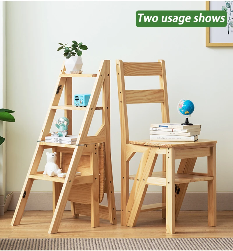 Description Picture 5 of itemSolid Wood Step Stools Multifunctional Folding Step Ladders Living Room Backrest Chairs Portable Ladder Stool Modern Furnitures