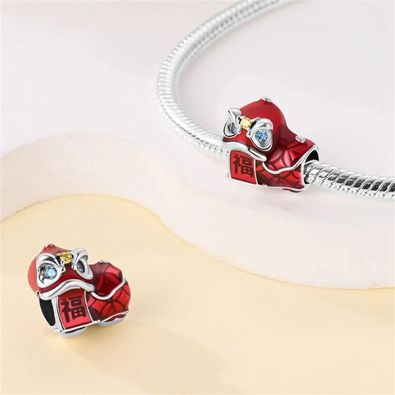 Dijes de Luna y pata de gato para fabricación de joyas, cuentas de linterna roja chapadas en plata 925, aptas para pulsera Pandora Original, bricolaje