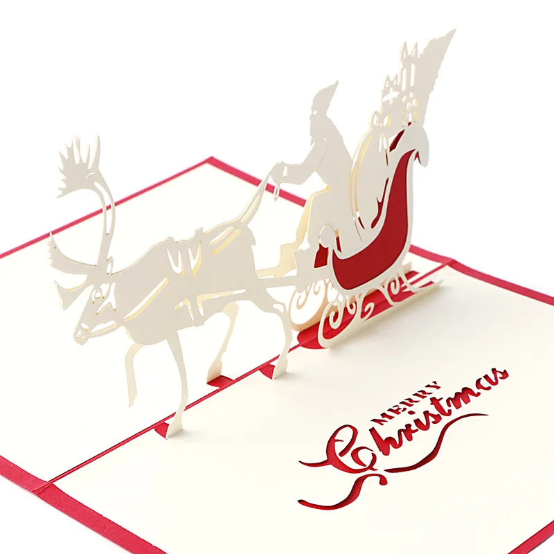3D Up Christmas Greeting Cards Santa Sleigh Handmade Holiday Postcard with Envelope Set for Xmas New Year Gifts