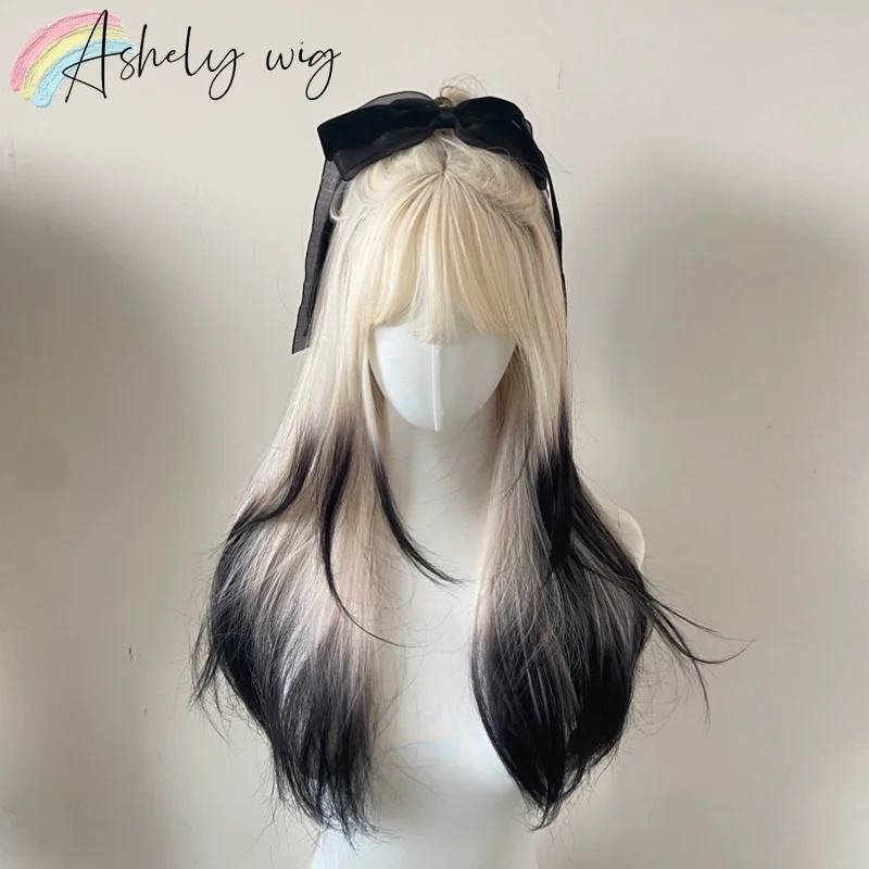 Ashely Ombre Black Blonde Wig for Women Y2K Hairstyle Lolita Wigs Straight Sissy Wig with Bangs Paruky for All Saints' Day