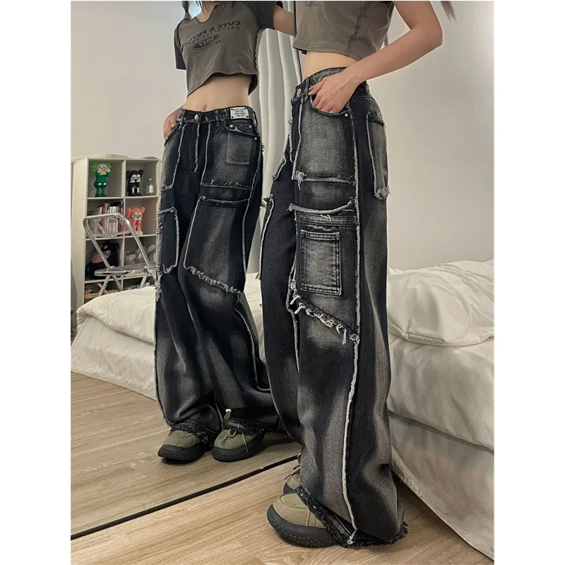 

Black Womens Jeans High Waist Vintage Straight Y2K Baggy Denim Pants Streetwear American Style Fashion Wide Leg Denim Trouser