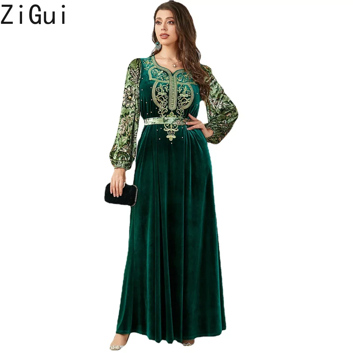 

Zigui Velvet Dress Women Luxury Embroidery Bead Blackish Green Abaya Robe Puff Sleeve Muslim Party Dress Women