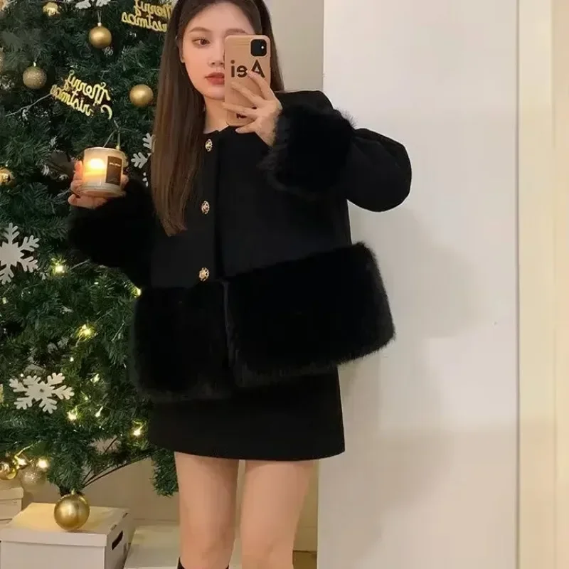GkyocQ 2024 가을 겨울 두 조각 세트 여성 블랙 모피 스플 라이스 트위드 짧은 재킷 미니 스커트 정장 여성 스커트 세트