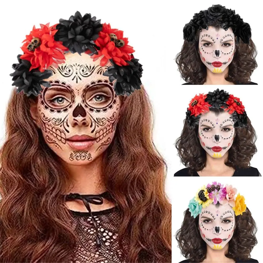 1pc Rose Flower Headband Mexican Rose Flower Crown Headband Headpiece with Black Veil Halloween Party Costume Cosplay Headwear