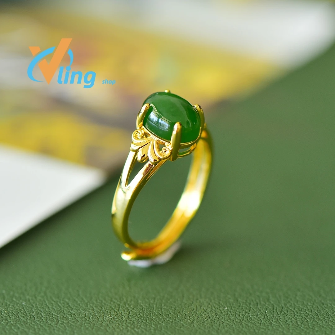 Green Chalcedony Ring for Women Jade Ring Copper Opening Inlaid Jade Fashion Temperament New