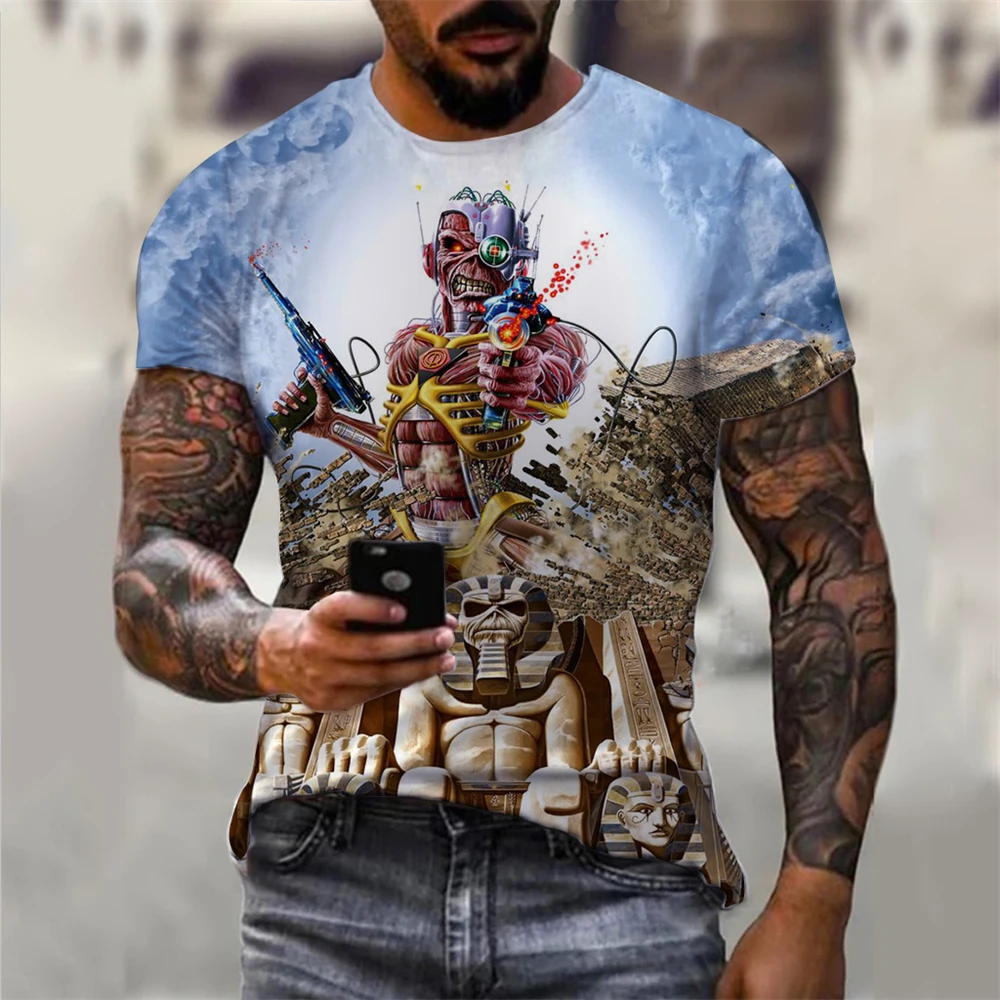 Mens 3D Skull T-Shirt - Black Gothic Short Sleeve Halloween Top